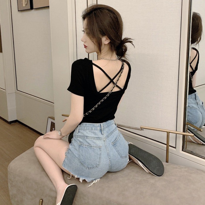 Baru Slim Fit Ramping dan Seksi Cross Hollow Backless Lengan PendekTT-shirt Wanita Gaya Dasar Padat