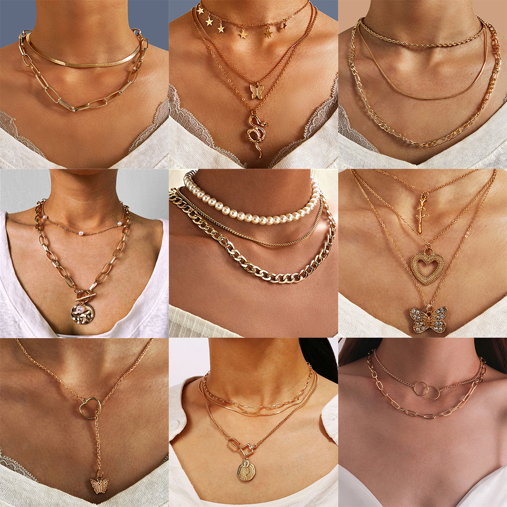 IFYOU Korean Retro Fashion Bohemian Gold Necklace Personality Lock Butterfly Pearl Pendant Multilayer Chain Choker Jewelry Accessories Gift