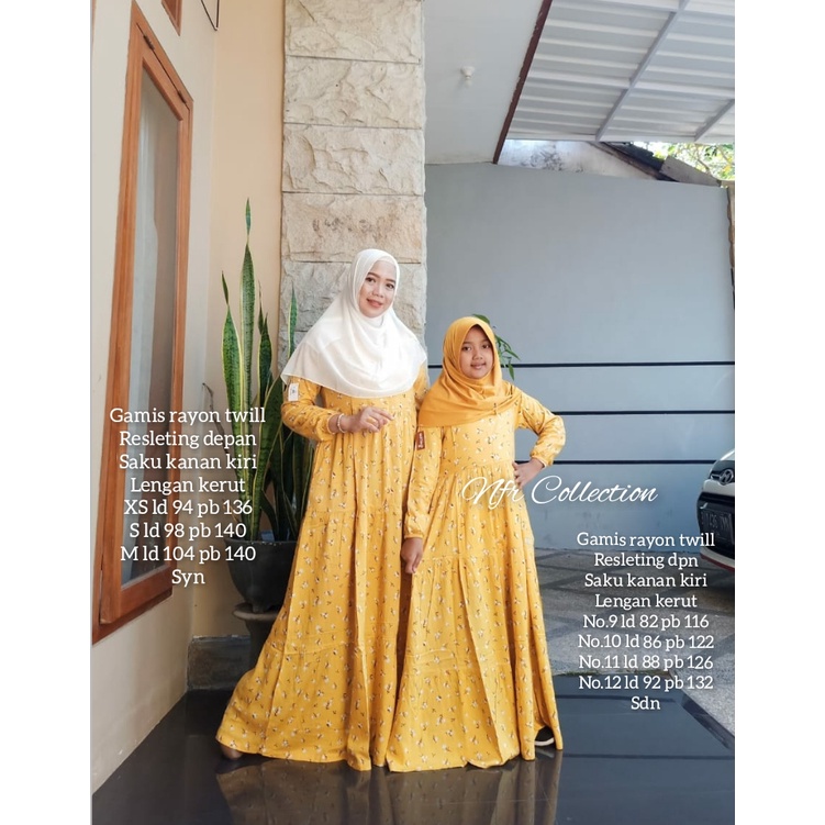 gamis seragam ibu anak rayon twill motif oka oke model susun / canda busui mayung ld 100 ld 96 ld 10