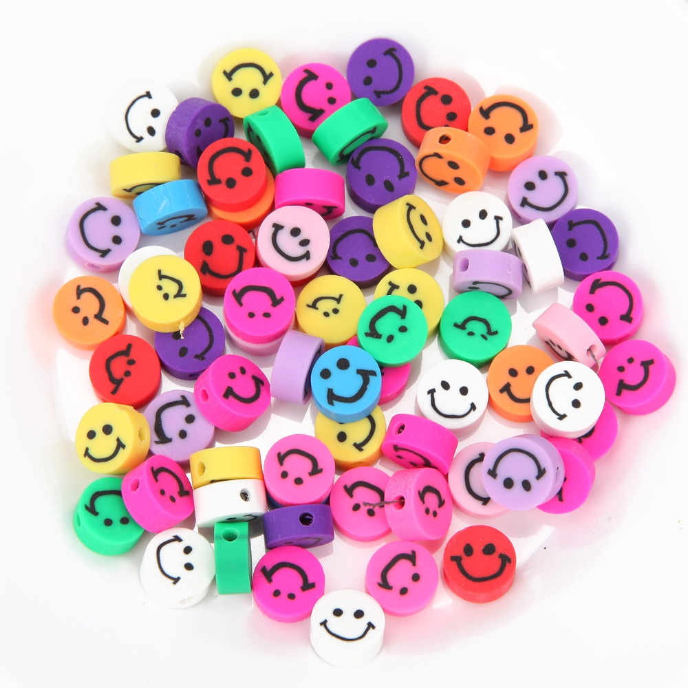 20pcs / Lot Manik-Manik Bulat Motif Smiley Bahan Polymer Clay 10mm Untuk Membuat Perhiasan Handmade DIY