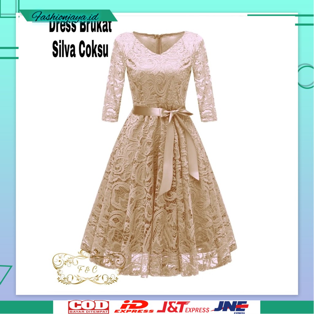 dress brukat party dress midi Silva Bahan Brukat Tulang Lapis Furing Ukuran L Ld 100cm