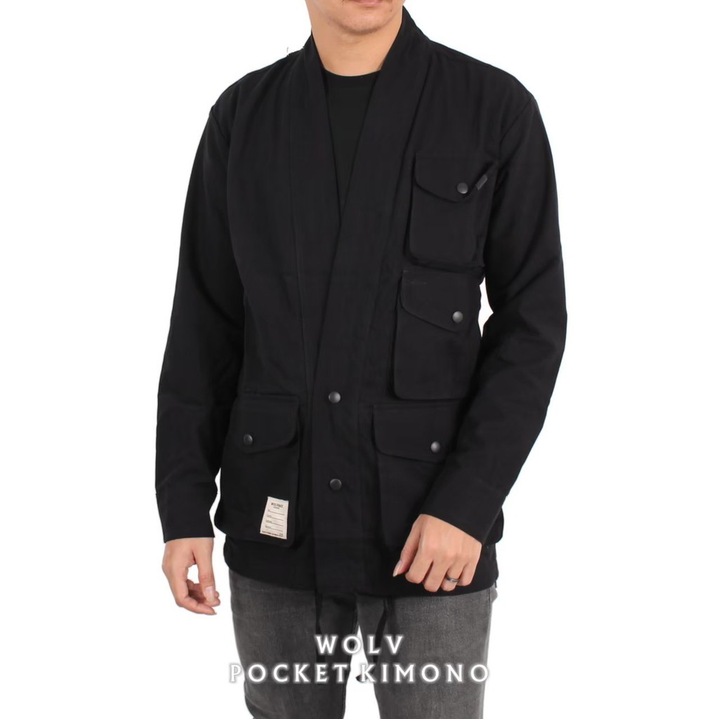 WOLV ORIGINAL KIMONO KEMEJA POCKET Pakaian pria canvas kemeja kimono warna HITAM seri art KMS301