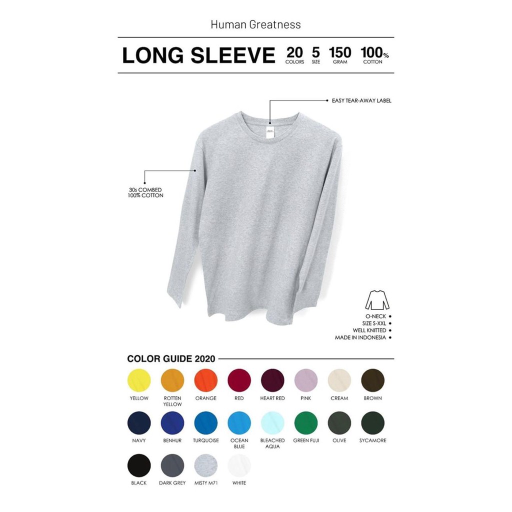 Kaos Lengan Panjang bahan 100% katun Merk Human Greatness Nyaman Dipakai