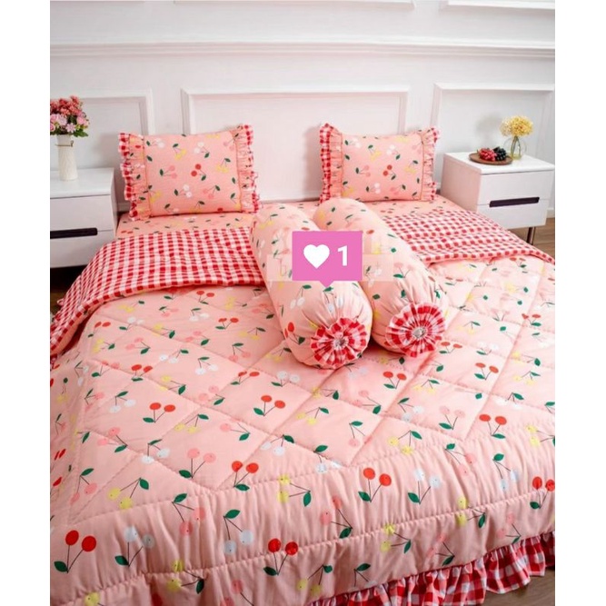 Sprei rumbai set bedcover pengantin bahan katun motif Cherry Kiss ukuran 100,120