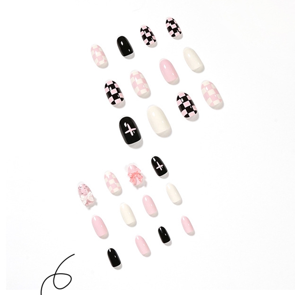 24pcs Kuku Palsu Motif Kotak-Kotak Warna Pink Untuk Dekorasi Nail Art