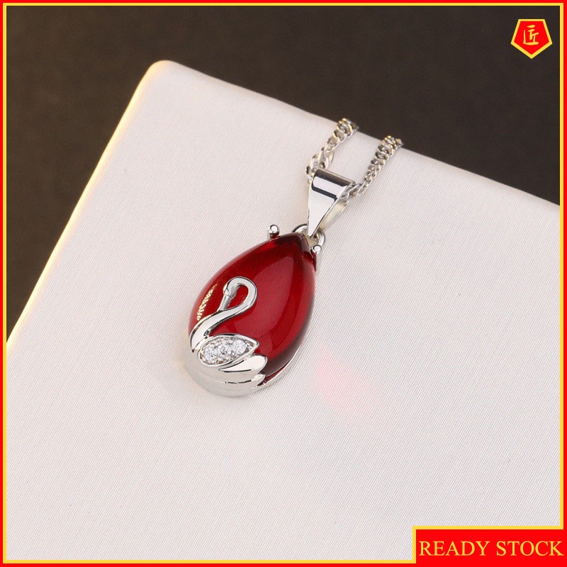 [Ready Stock]Fashion Plated S925 Silver Inlaid Red Agate Beryl Pendant Necklace