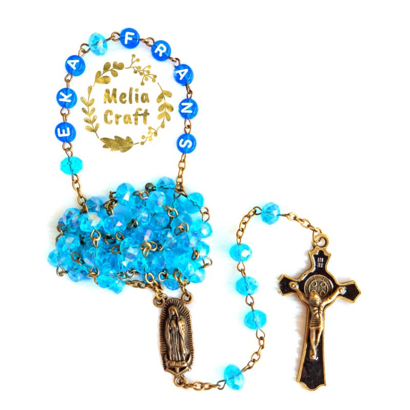 Rosario Nama Kristal Biru Muda Bronze Vintage