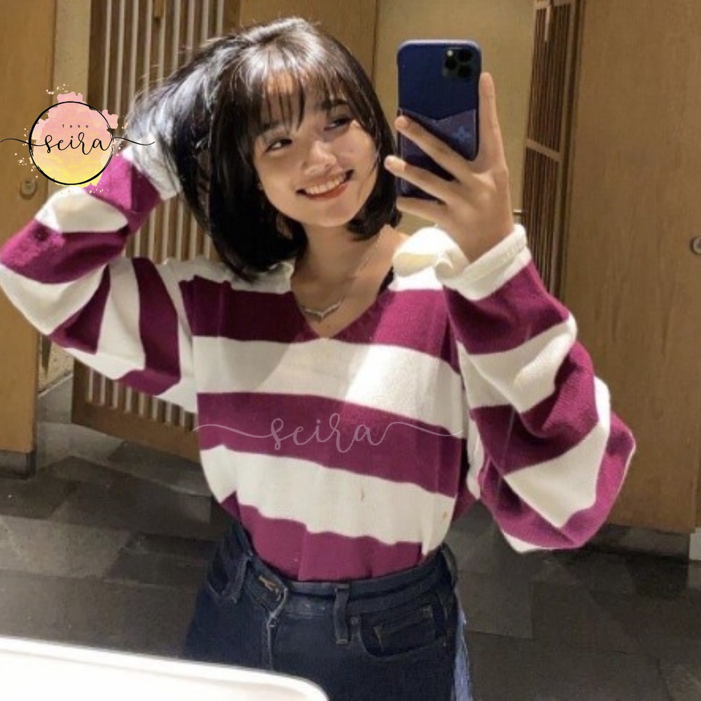 [BISA COD] Crop Rajut Alda Strip / Sweater Fuji Rajut Motif Garis / Thania Blaster Sweater / Tebal Blaster Thania / Polo Stripe Rajut / Crop Fuji / Fuji Crop Top Stripe