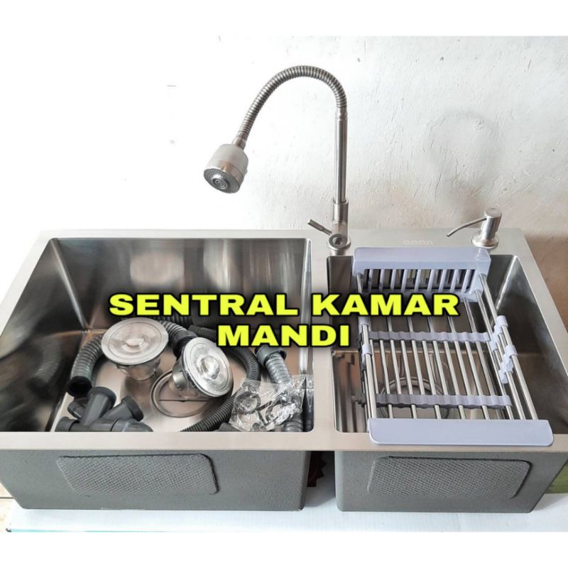 Paket Kitchen Sink 8245 Kran Fleksibel Stainless 304 Bak Cuci Piring 2 Lubang Wastafel Model Bolzano
