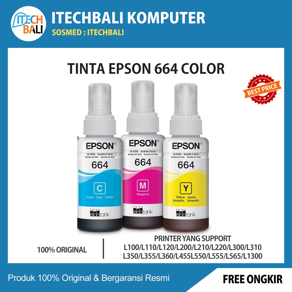 Tinta Printer EPSON 664 CYAN, MAGENTA, YELLOW ORIGINAL | ITECHBALI