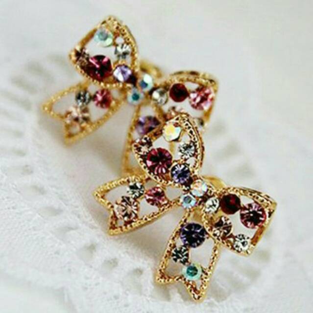 Anting fashion wanita berlian imitasi pita sytle imut warna warni mengkilap