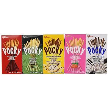 

POCKY STICK/POCKY CHOCOLATE/POCKY MATCHA/POCHY STRAWBERRY/POCKY BANANA/POCHY COOKIES CREAM