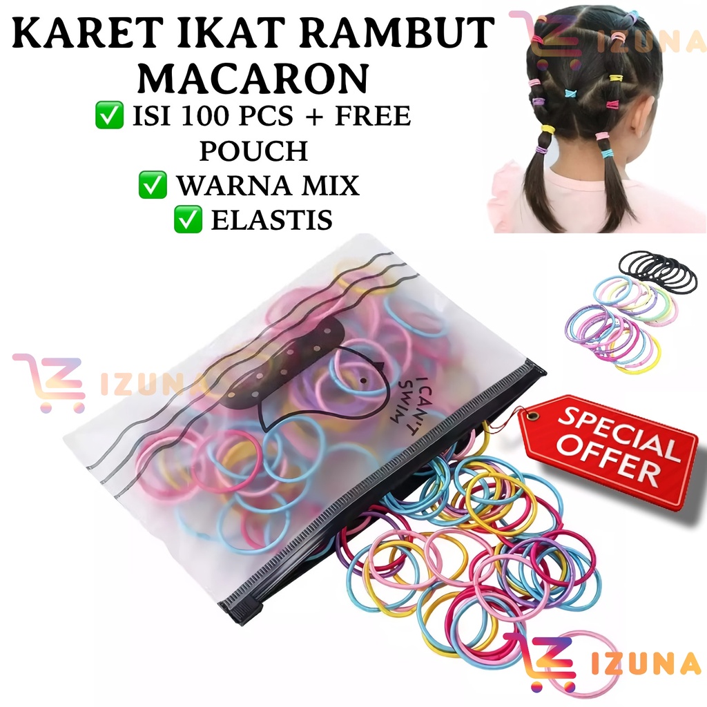 [IZUNA] Karet Ikat Rambut Macaron Isi 100 Pcs / Karet Rambut Elastis / Ikat Rambut Korea / Karet Mini Ikat Rambut Anak