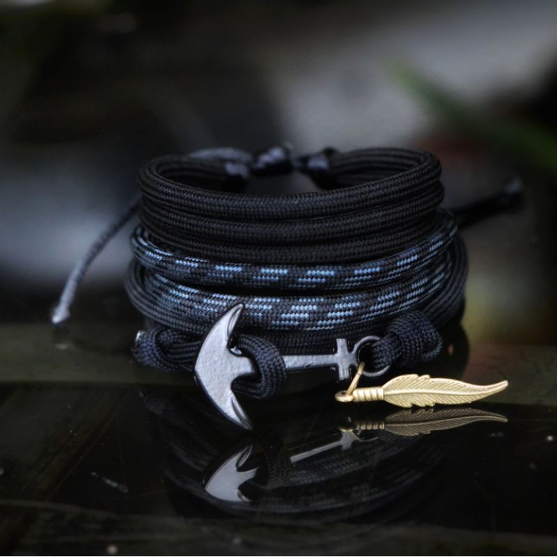 Gelang Pria Keren Hitam Polos Tali Paracord Paket Set Gantungan Sayap Premium