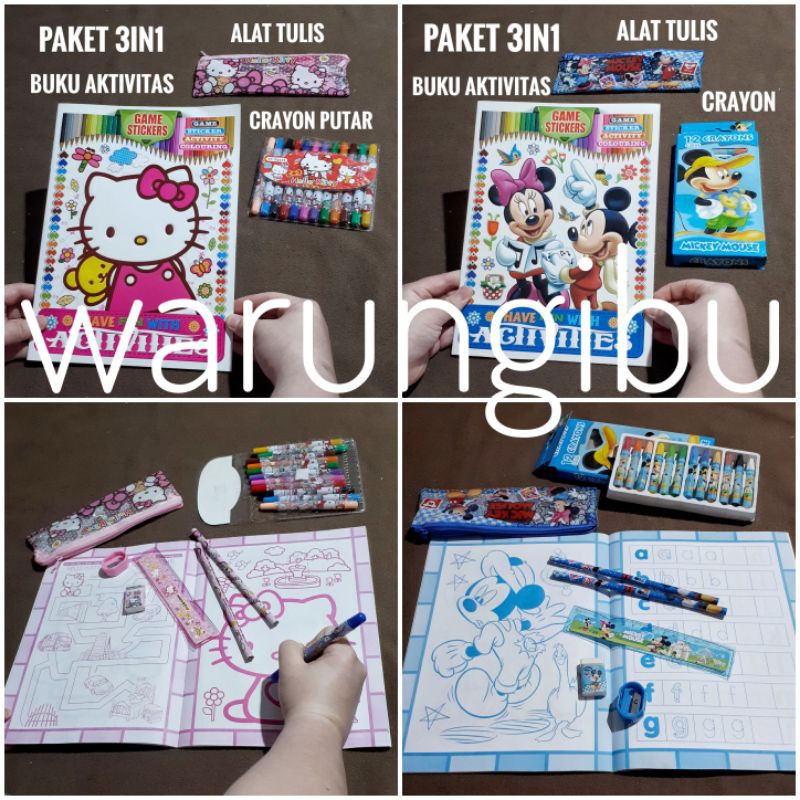 

Paket 3in1 Buku Anak Mewarnai Set Alat Tulis Crayon Karakter Mickey Mouse Hello Kitty