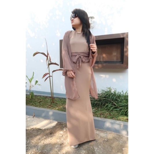 Baju dress gamis pesta muslim party dress set inner + outer wanita muslimah scuba hijab terbaru 2021