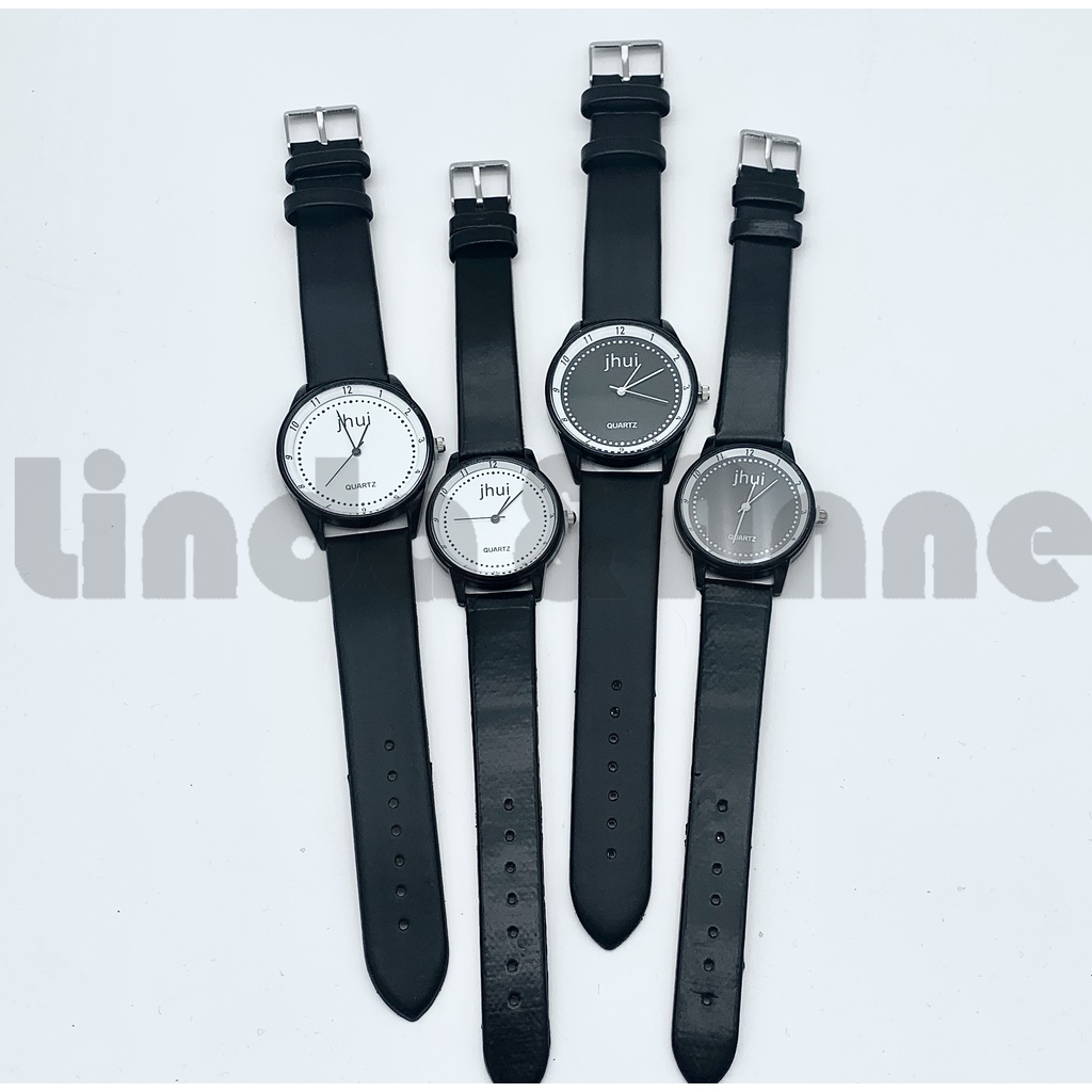 Jam Tangan Jhui Analog Quartz Pria Dan Wanita Strap Pu Hitam Casual Import