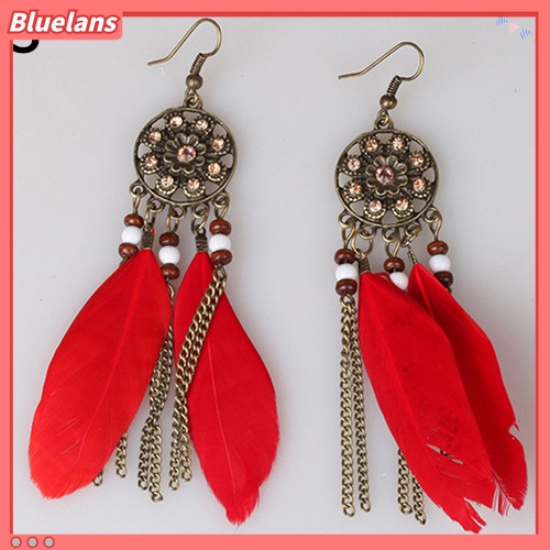 Anting Kait Gantung Panjang Desain Dream Catcher Aksen Rumbai Bulu Gaya Vintage Etnik Bohemia Untuk Wanita