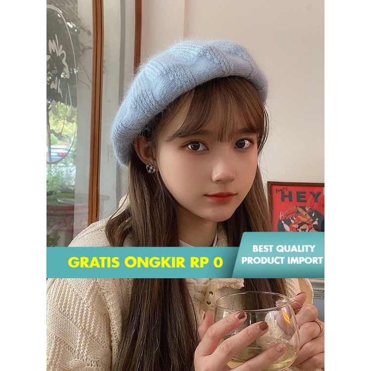 Topi Baret Fashion Wanita Baret Wanita     Korea-    Mos Rajutan Bulu Kelinci Warna Solid Inggris re