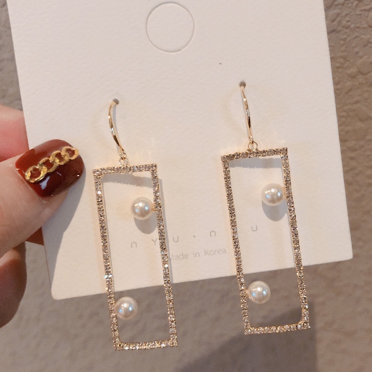 Gaya Korea anggun geometris anting-anting panjang wanita Mutiara Square tetes telinga anting-anting