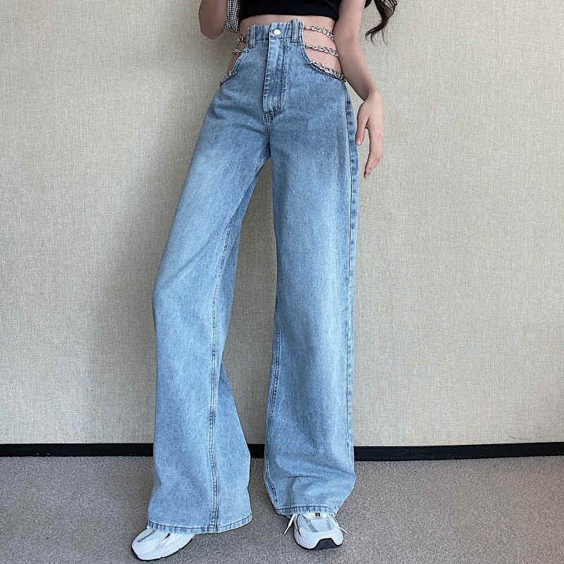 Suhao Net Hong Kong Style Chain High Waist Wide-Legged Jeans Musim Semi dan Musim Panas Straight Slack Slim Fit Pants