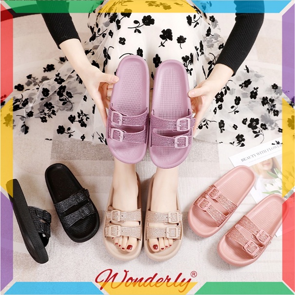 L1920-15 Sandal Slop Gliter Wanita Wonderly Sendal Selop Glitter Cewek Ban 2 Karet Import Glanzton