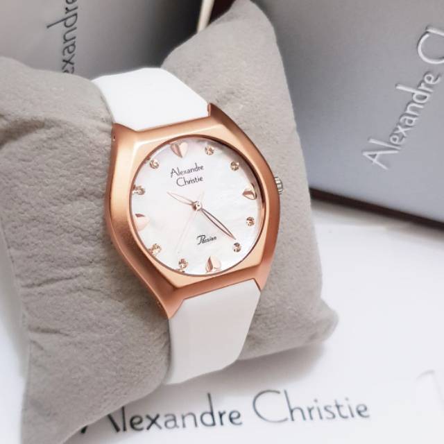 Jam Cewek Alexandre Christie AC2386 Original Tali Karet Putih Rose