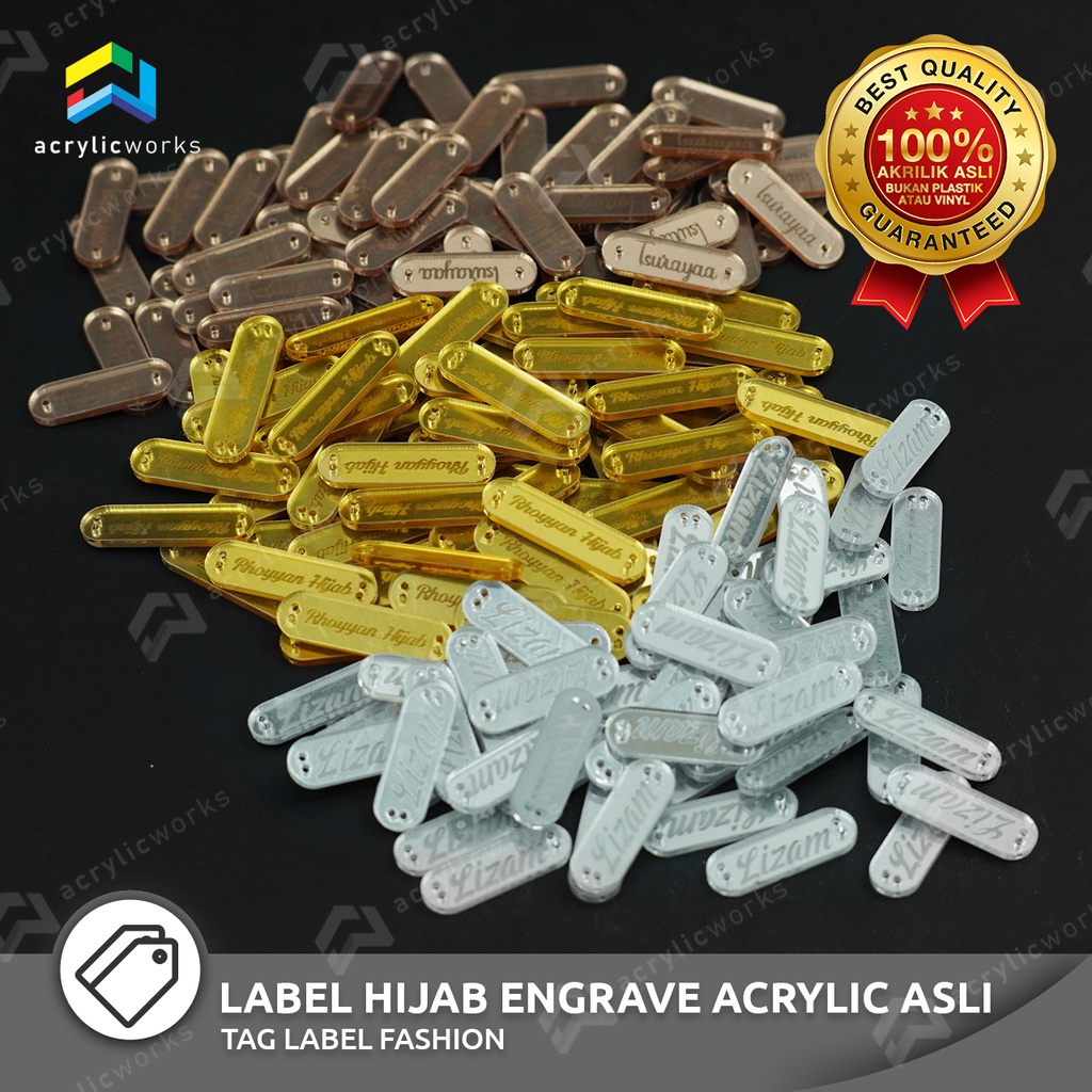 

Label Akrilik Hijab Kaos Distro Brand Souvenir Custom Gold Rose Gold Silver Clear Acylic 100 pcs