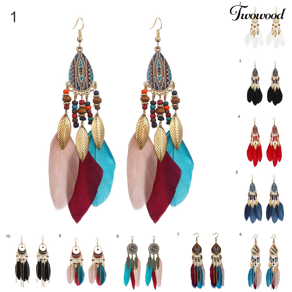 1 Pasang Anting Kait Panjang Aksen Manik-Manik Bulu Warna-Warni Gaya Retro Bohemian Untuk Pesta