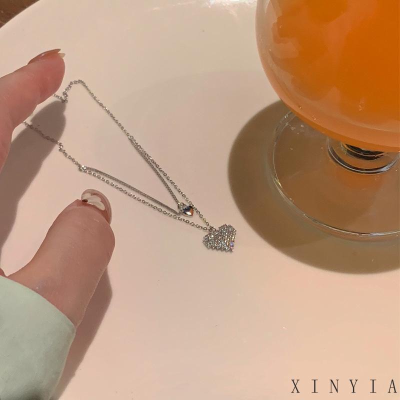 【COD】Kalung Multilayer Rantai Pendek Hati Berlian Korea Fashion Necklace
