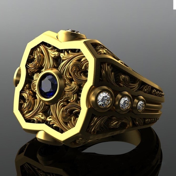 [X C Perhiasan] Hip Hop Rock Retro Pria Fashion Cincin Permata Biru Aksesoris Perhiasan Pesta