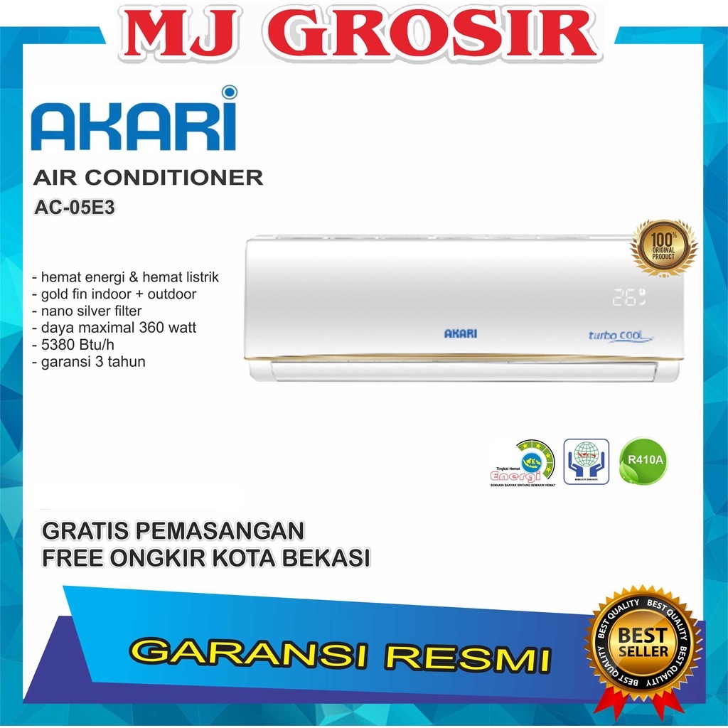 AC AKARI 05E3 LWI + PASANG 0.5 PK 1/2PK R410 LOW WATT TURBO COOL