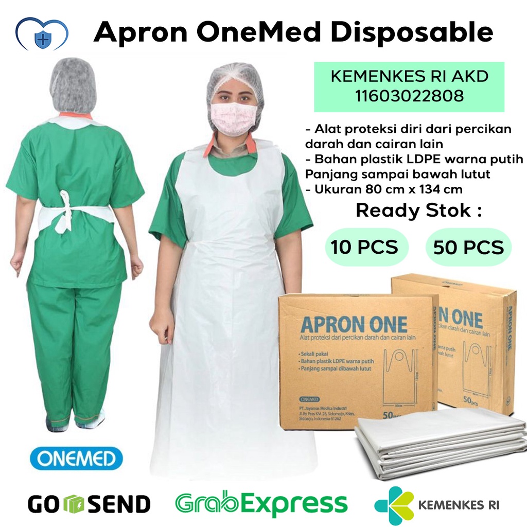 Apron Isi 50 pcs / Celemek / Apron Plastik / Onemed / Apron Medis / Apron Lengan Panjang Onemed pak 