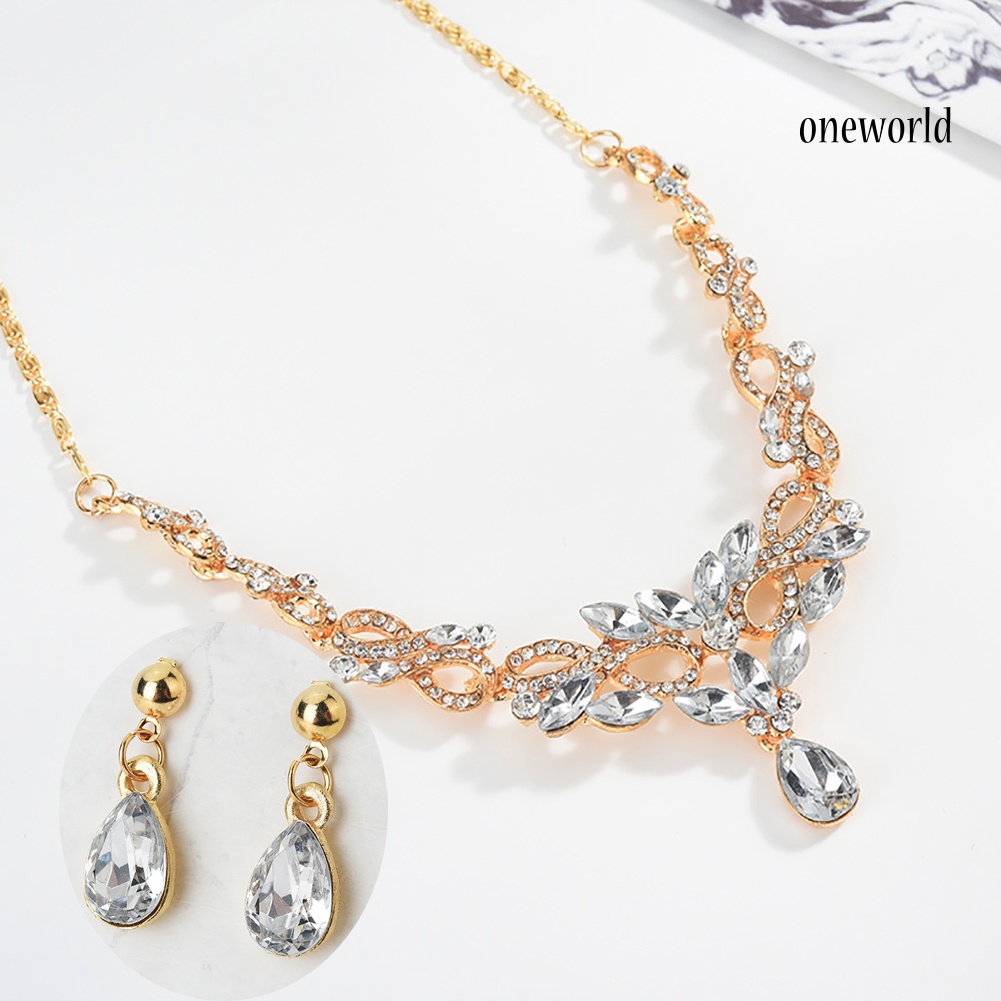 OW@ Fashion Jewelry Set Women Rhinestone Drop Hollow 8 Pendant Earrings Necklace