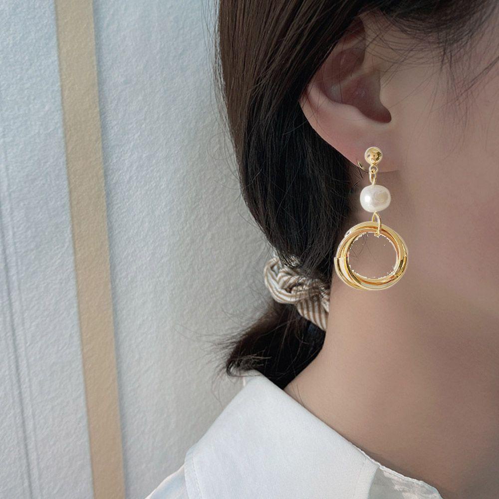 Needway Anting Wanita Trendi Mewah Pesta Emas Temperamen Bentuk Bulat Mutiara Drop Earrings