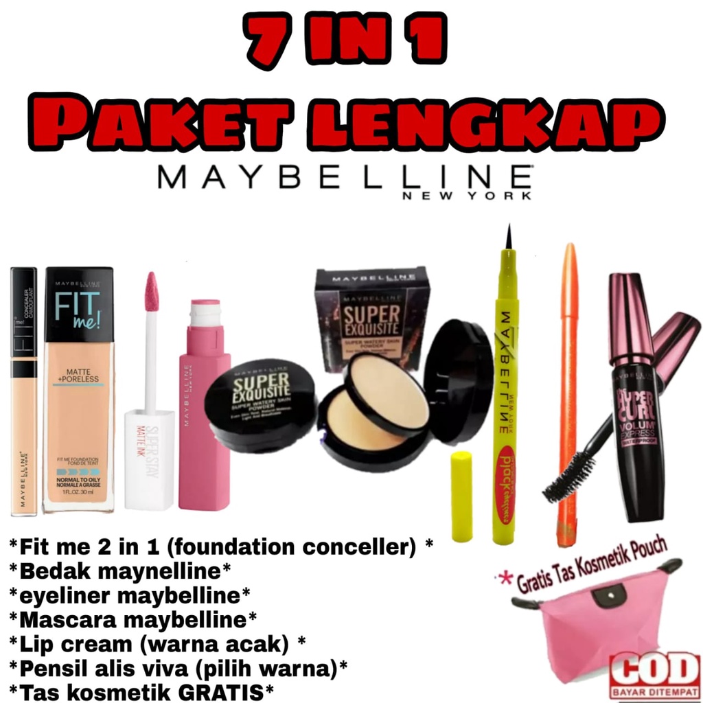 Paket kosmetiik wanita maybelline murah lengkap make up 1 set maybelline fit me 2 in 1 - bedak - eye