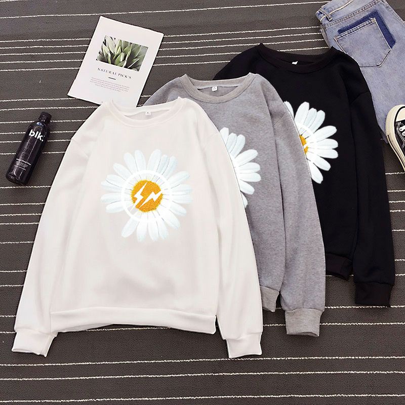 Sweater DAISY Flower (S - 6XL) Sweatshirts BIG SIZE OVERSIZE Unisex Katun Fleece S M L XL 2XL 3XL 4XL 5XL 6XL Putih Lilac Hitam Baby Pink Putih Abu Grey Maroon