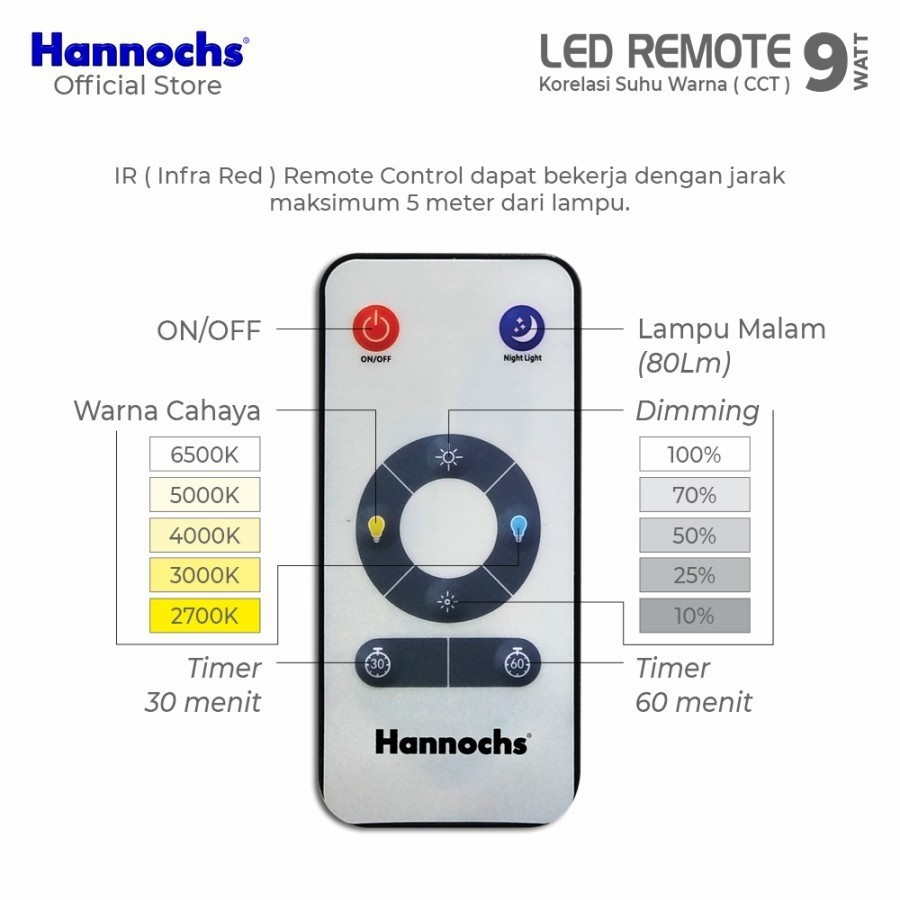 Lampu LED Hannochs Remote Control CCT 9W 9 Watt