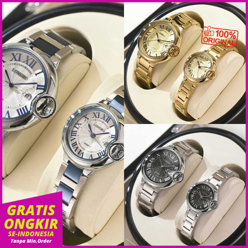 ( FREE ONGKIR ) LONGBO Couple Quartz Watch Desain Elegan Tali Stainless Steel Tahan Air Dengan Kalen