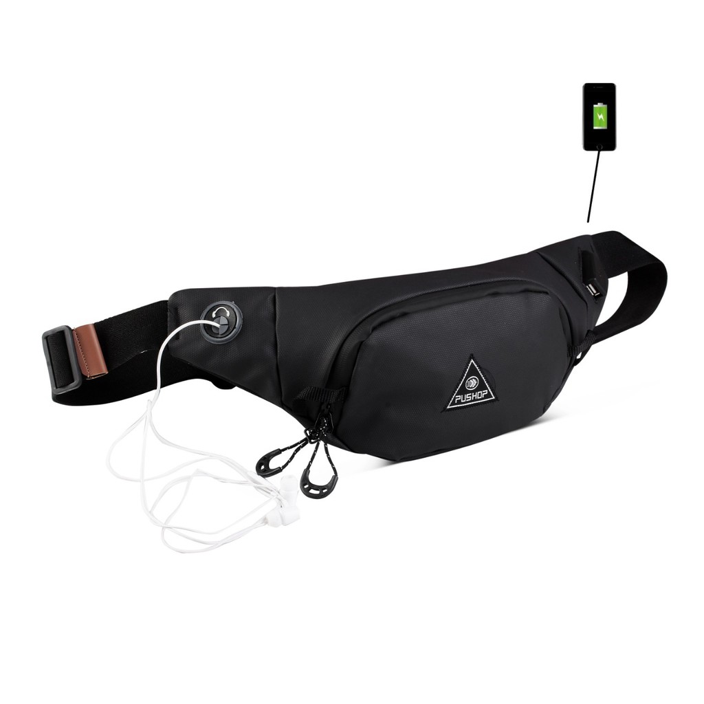 Tas Casual Pria Waistbag Terbaru USB Waterproof PUSHOP AUTHENTIC Black Veno