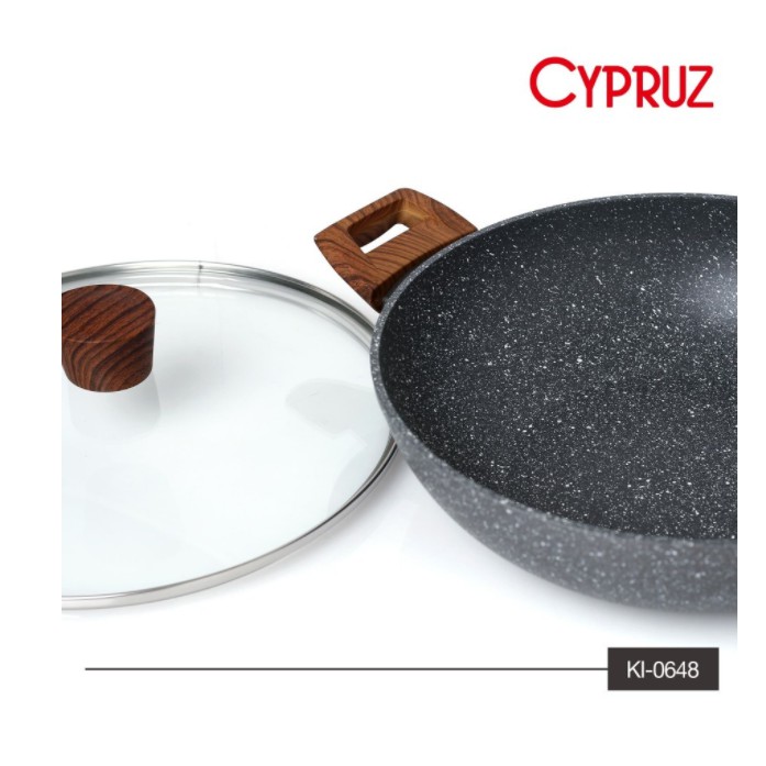 Wajan Kuali Marble Wok Induksi + Tutup Kaca 26cm - Cypruz