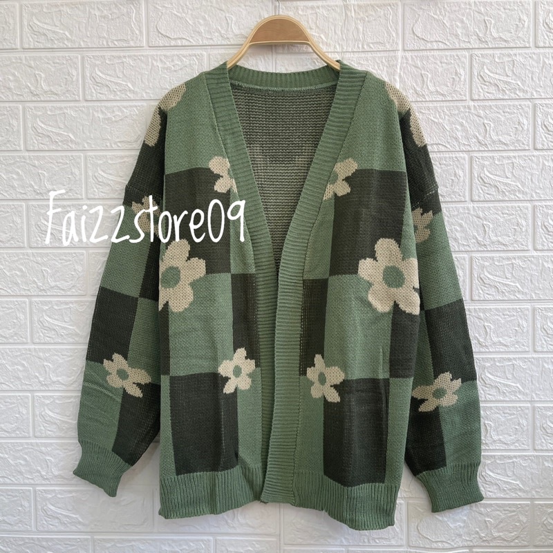 Zafara Cardigan Rajut OVERSIZE Wanita Motif Kotak Bunga / Atasan Rajut Premium Wanita  Murah