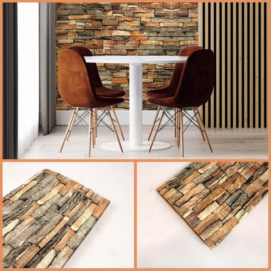 Trend-Wallpaper Dinding Brick Foam 3D Motif Batu Bata Alam Retro 70x77 cm Dekorasi Walpaper Asthetic