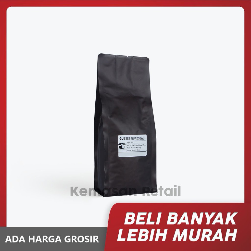 

Kemasan Gusset Quadseal Aluminium Coklat Doff 11x32 1000g
