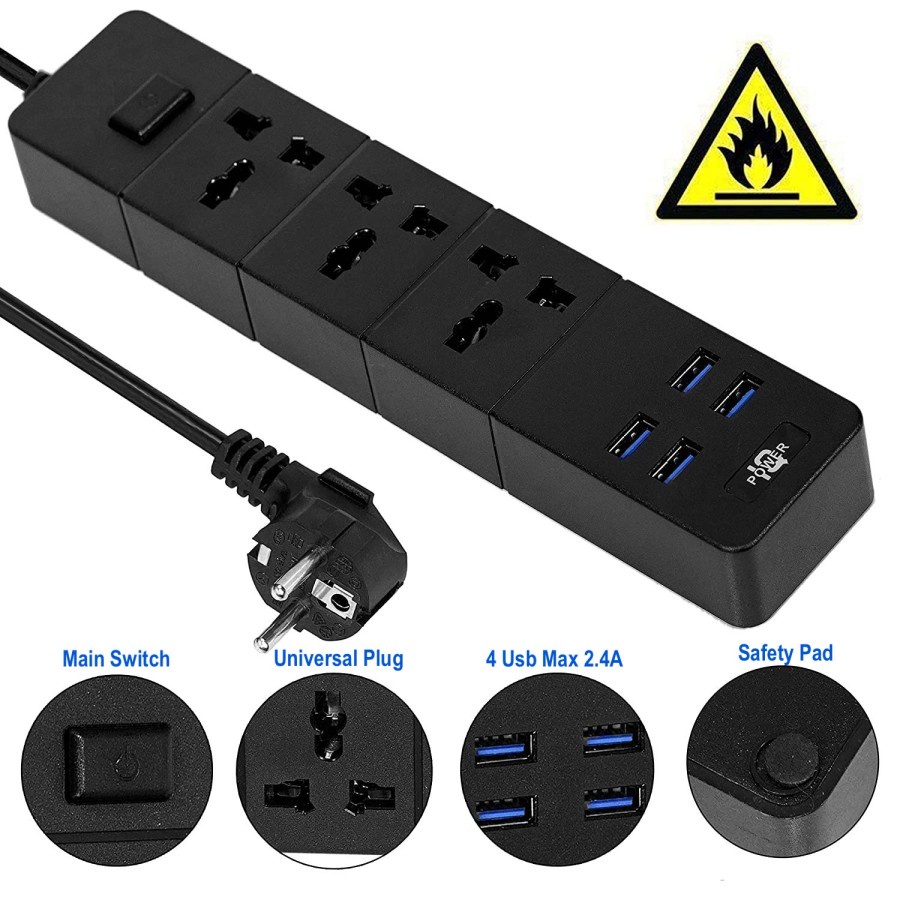 Lucky Hawk T18 2M Power Strip Stop Kontak 3 Power Socket 4 USB Port