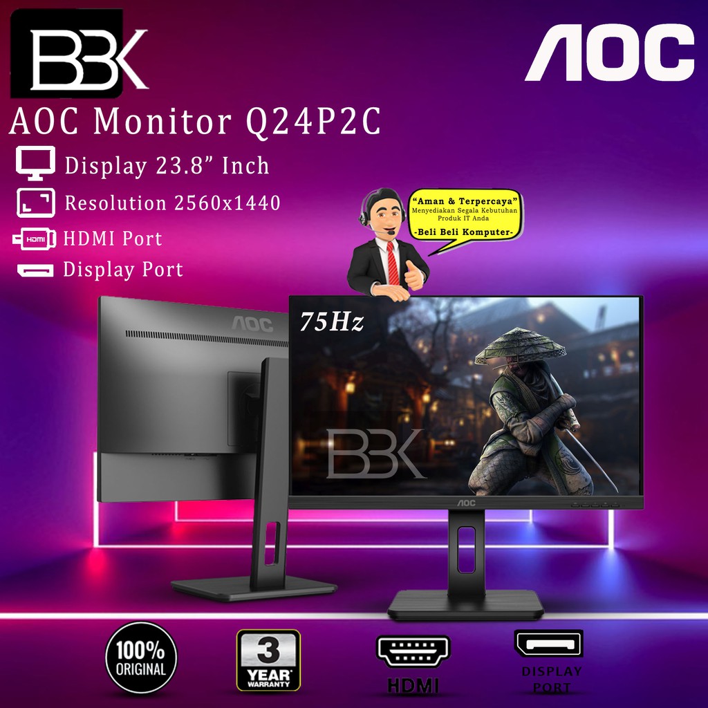 Monitor AOC Q24P2C 24" QHD 75Hz sRGB 110% LED 3Yr