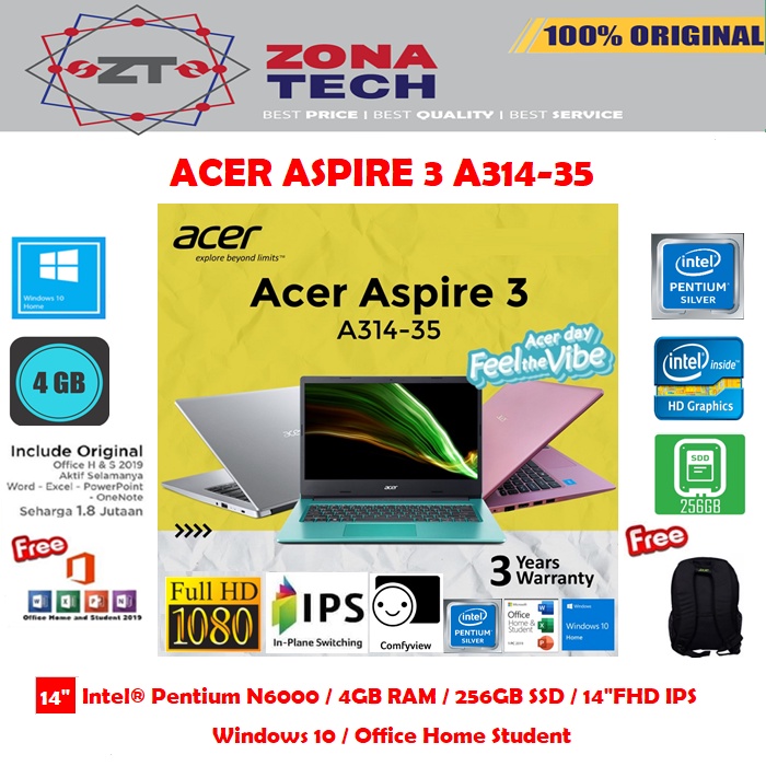 ACER ASPIRE 3 A314-35 - INTEL PENTIUM N6000 - 4GB - 256GB SSD - INTEL UHD GRAPHICS - 14&quot;FHD IPS - WIN10 - OHS