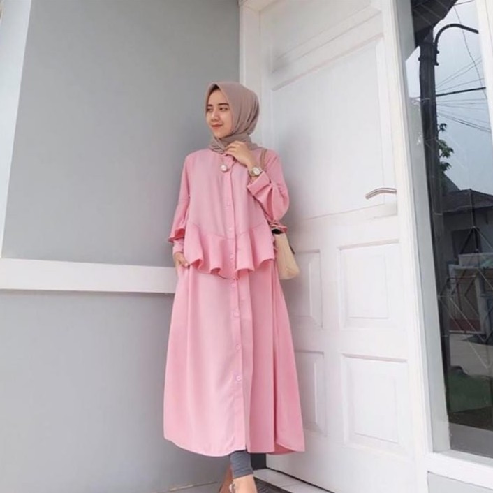 Fashion Wanita: Long Dress Muslim Lengan Panjang dengan Kancing, Warna Polos