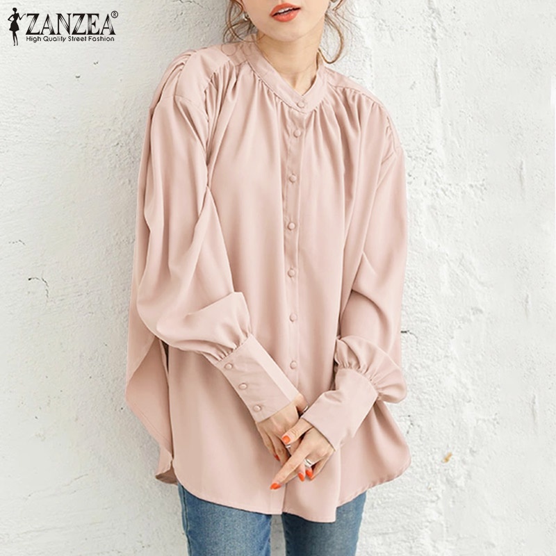 ZANZEA Women Plus Size Full Sleeved Elegant OL Solid Color Blouse Casual Loose Shirts