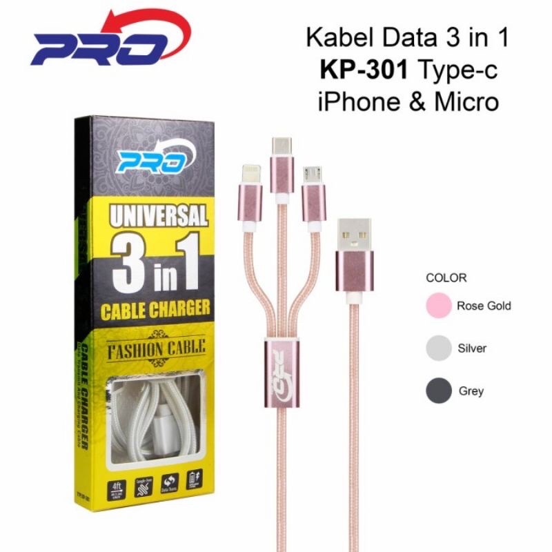 Pro Kabel Data Charger USB 3IN1 Micro Type C Iphone KP-301